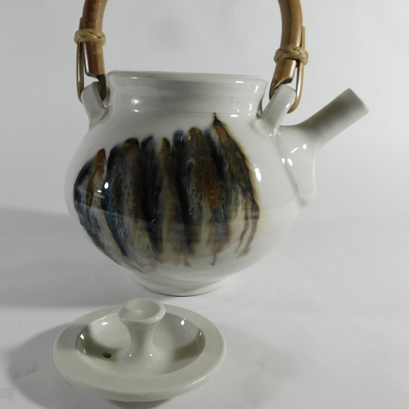 Studio Pottery Bamboo Handle RaKu Stoneware Teapot Signed - Picture 8 of 11